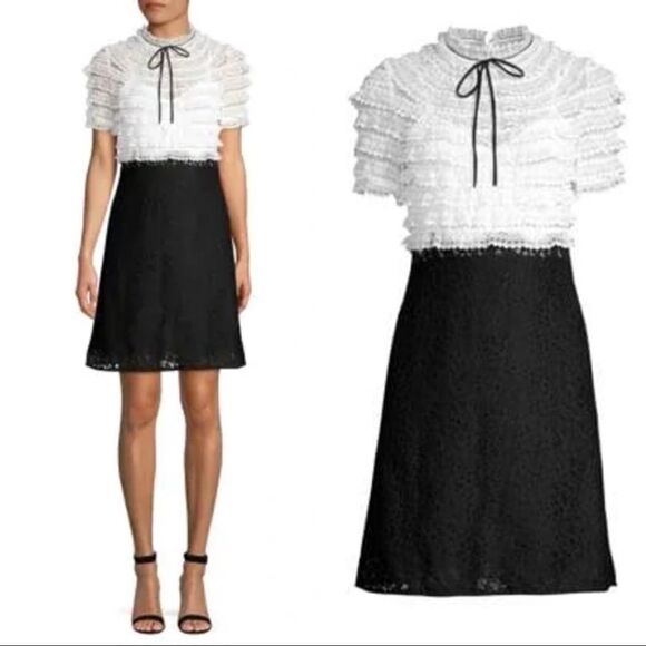 Sandro Helsinki White Black Two Tone Lace Neck Tie Mini Dress XS - Picture 4 of 12